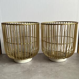 2 Pc Antique Gold Wired Hurricane Candle Holders Retro Glass White Marble Base